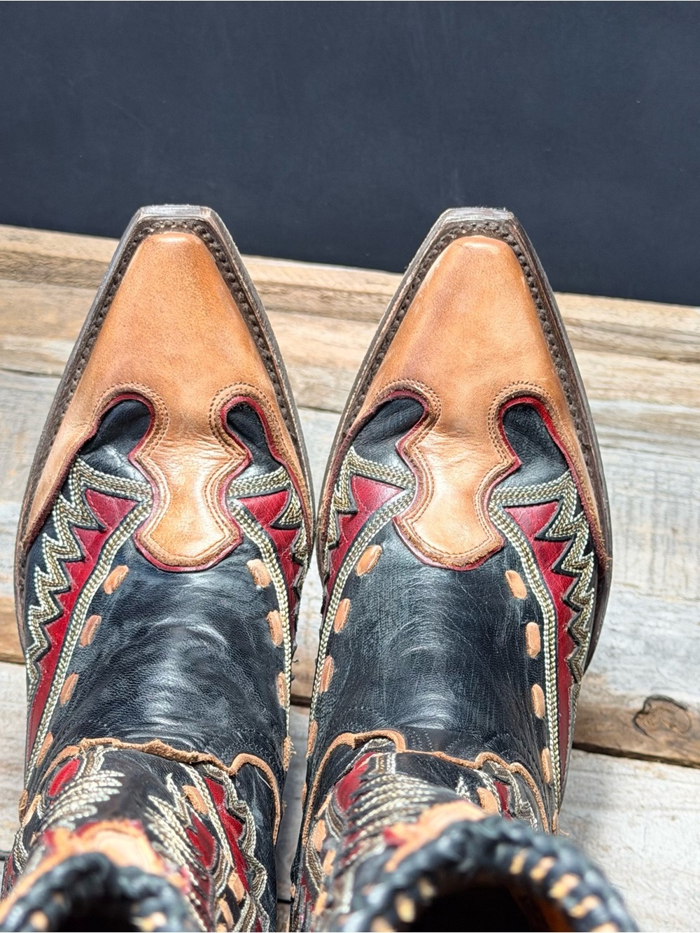 Old Gringo Black, Tan & Red Tooled Leather Cowboy Boots - Picture 11 of 13